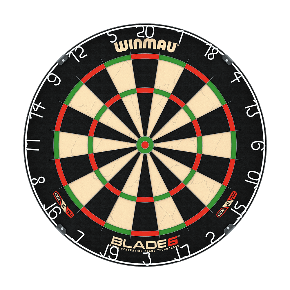 Das Bild zeigt eine Winmau Blade 6 Steeldartboard. Die Dartscheibe hat klassische schwarze, weiße, rote und grüne Felder mit gut sichtbaren Zahlen rundherum.